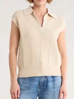 Elie Tahari Cream V-Neck Sleeveless Polo Knit Sweater